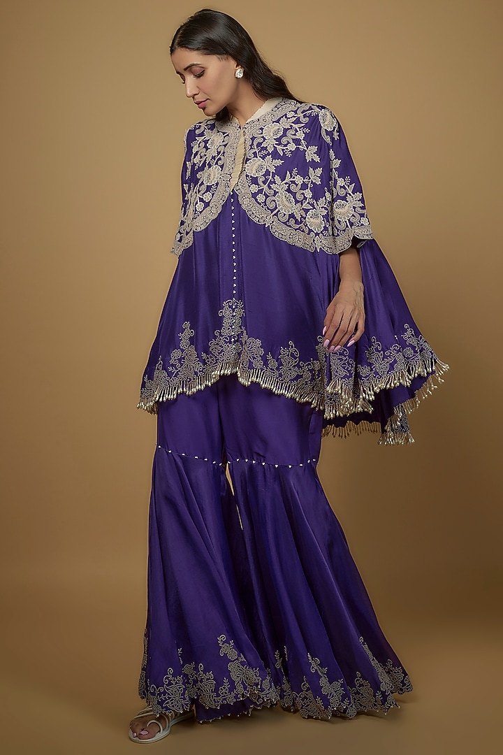 Violet Organza Embroidered Gharara Set by Minaxi Dadoo at Pernia's Pop Up Shop