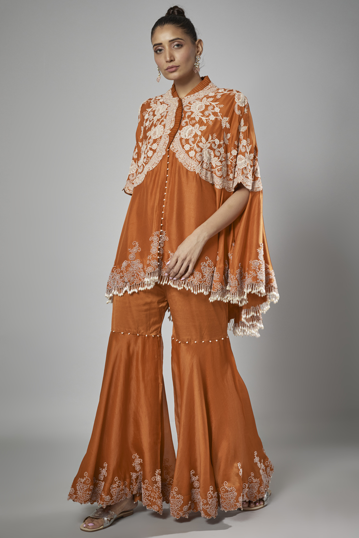 Rust Orange Dupion Embroidered Cape Set by Minaxi Dadoo at Pernia's Pop Up Shop