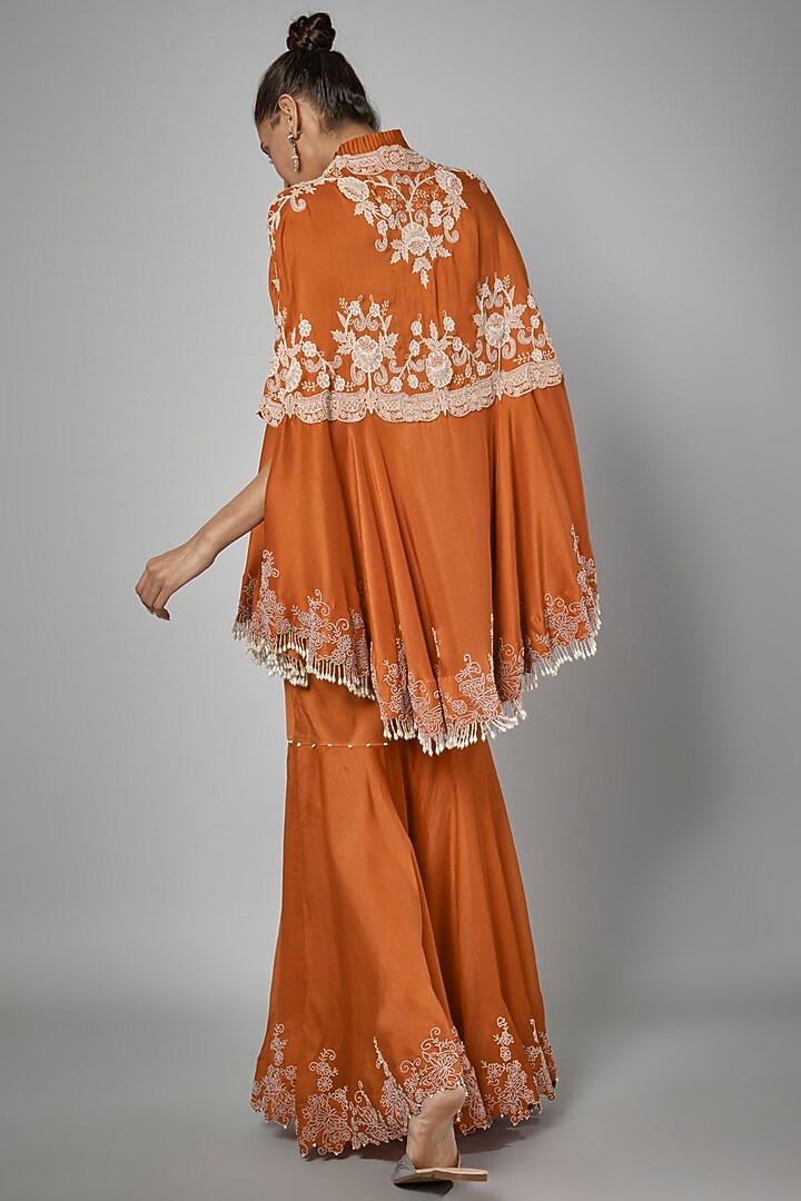 Rust Orange Dupion Embroidered Cape Set by Minaxi Dadoo at Pernia's Pop Up Shop
