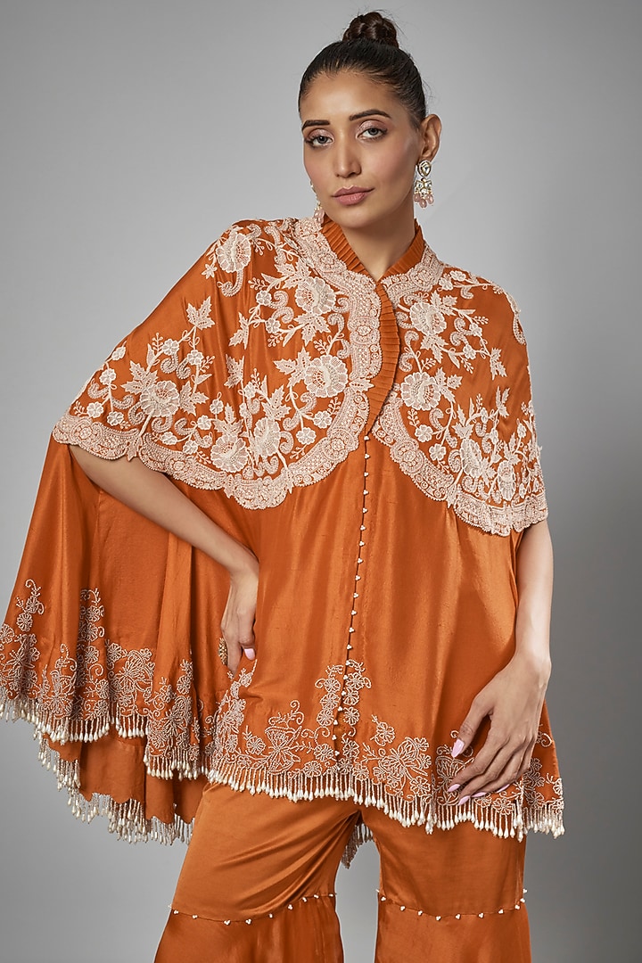 Rust Orange Dupion Embroidered Cape Set by Minaxi Dadoo at Pernia's Pop Up Shop
