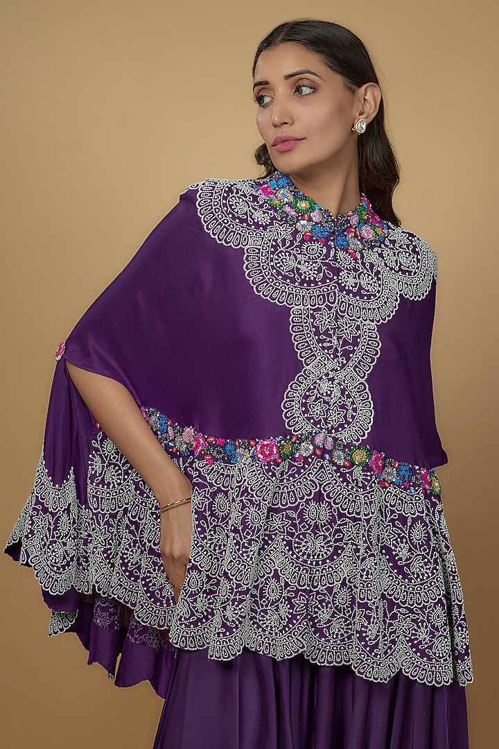 Purple Dupion Embroidered Cape Set by Minaxi Dadoo at Pernia's Pop Up Shop