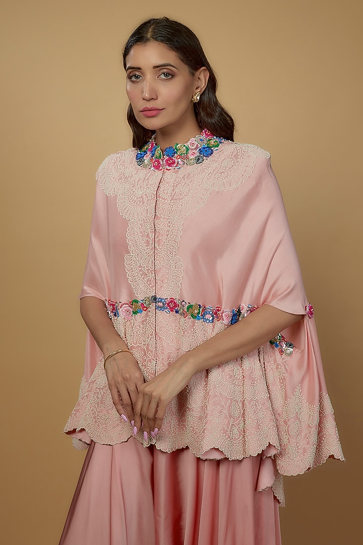 Pink Dupion Embroidered Cape Set by Minaxi Dadoo at Pernia's Pop Up Shop