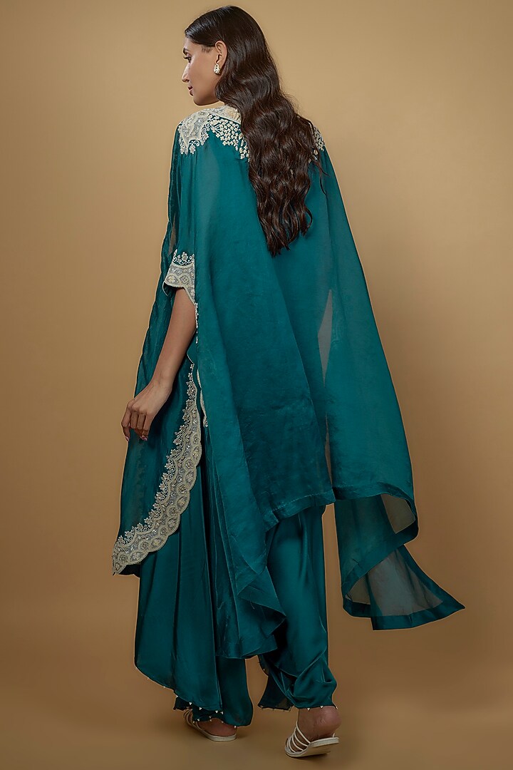 Peacock Blue Dupion Embroidered Cape Set by Minaxi Dadoo at Pernia's Pop Up Shop