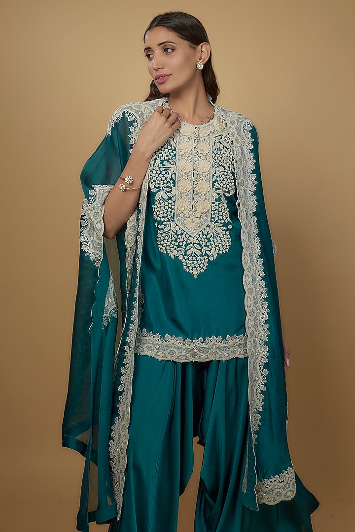 Peacock Blue Dupion Embroidered Cape Set by Minaxi Dadoo at Pernia's Pop Up Shop