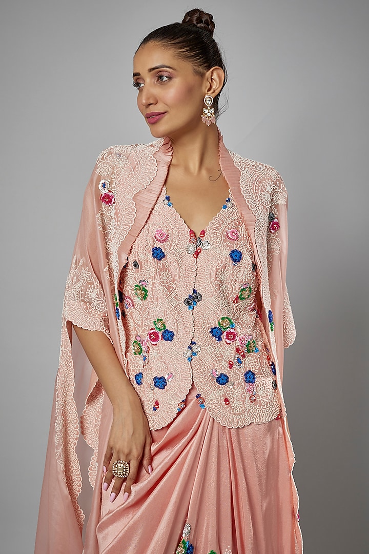 Pink Organza Embroidered Cape Set by Minaxi Dadoo at Pernia's Pop Up Shop