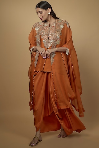 Rust Orange Dupion Embroidered Cape Set by Minaxi Dadoo