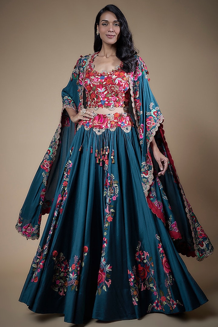 Peacock Blue Chanderi Embroidered Jacket Bridal Lehenga Set by Minaxi Dadoo at Pernia's Pop Up Shop