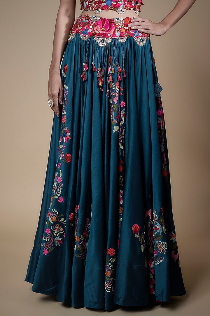 Peacock Blue Chanderi Embroidered Jacket Bridal Lehenga Set by Minaxi Dadoo at Pernia's Pop Up Shop