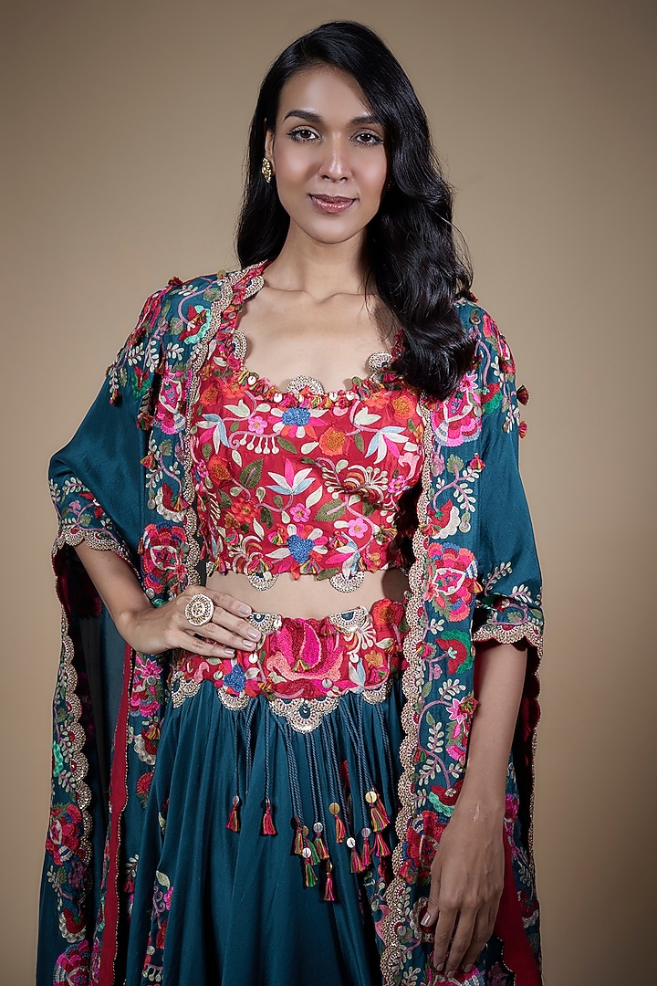 Peacock Blue Chanderi Embroidered Jacket Bridal Lehenga Set by Minaxi Dadoo at Pernia's Pop Up Shop