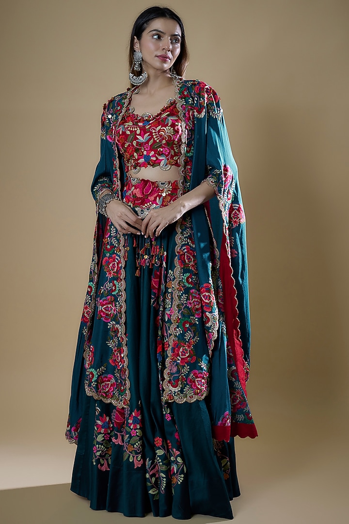 Blue Organza Embroidered Cape Set by Minaxi Dadoo at Pernia's Pop Up Shop