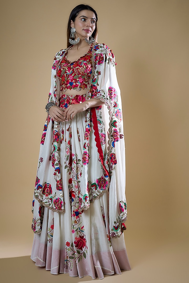 Ivory Organza Embroidered Cape Set by Minaxi Dadoo at Pernia's Pop Up Shop