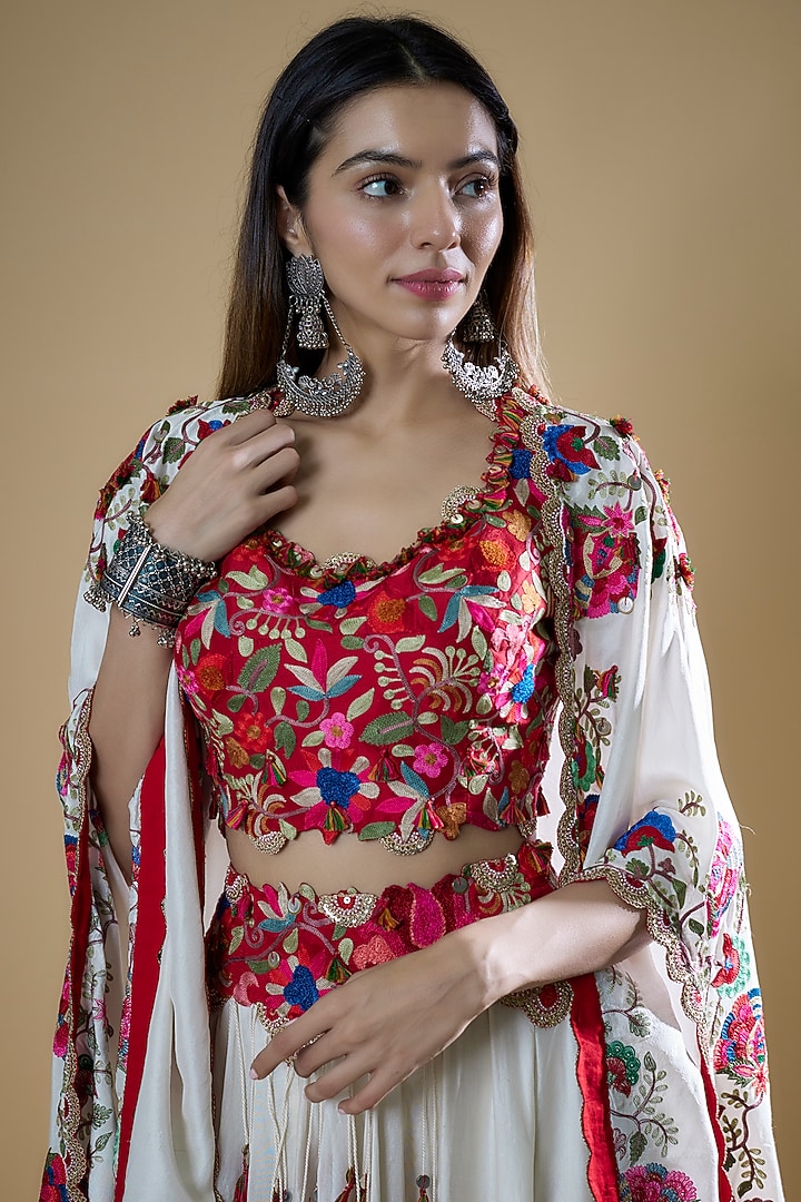 Ivory Organza Embroidered Cape Set by Minaxi Dadoo at Pernia's Pop Up Shop