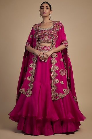 Rani Pink Silk & Organza Two-Tiered Skirt Set by Minaxi Dadoo
