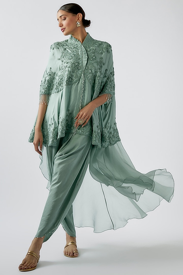 Powder Blue Dupion Embroidered Cape Set by Minaxi Dadoo at Pernia's Pop Up Shop