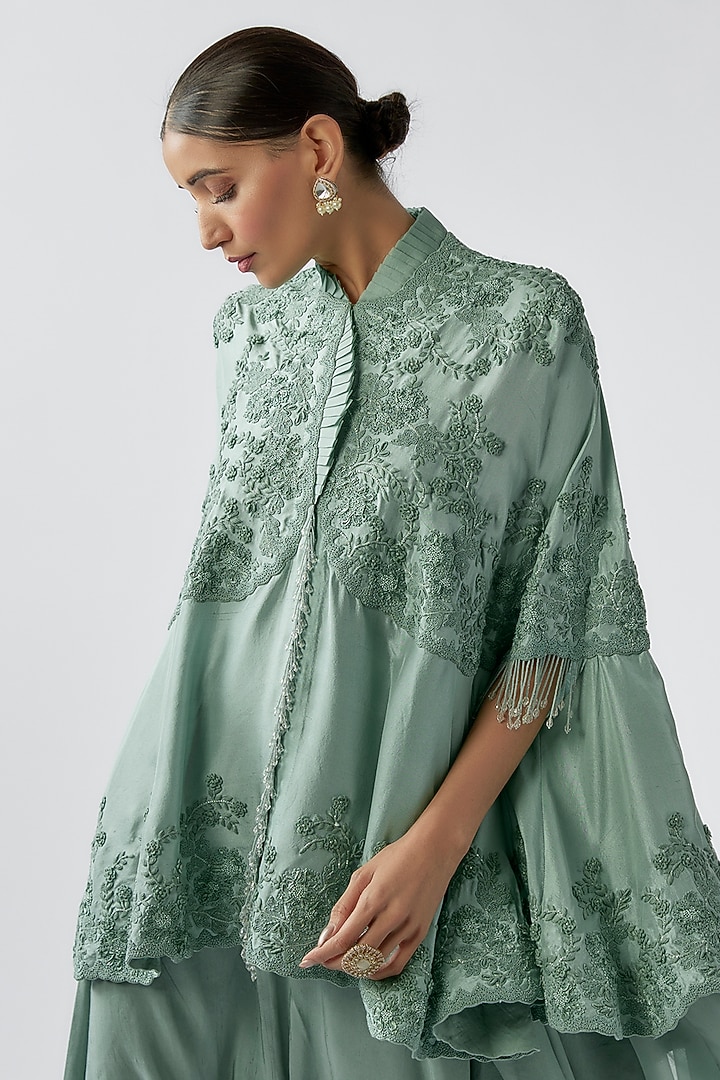 Powder Blue Dupion Embroidered Cape Set by Minaxi Dadoo at Pernia's Pop Up Shop