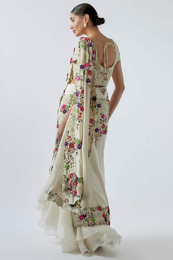 Ivory Dupion Embroidered Draped Reception Saree Set by Minaxi Dadoo at Pernia's Pop Up Shop