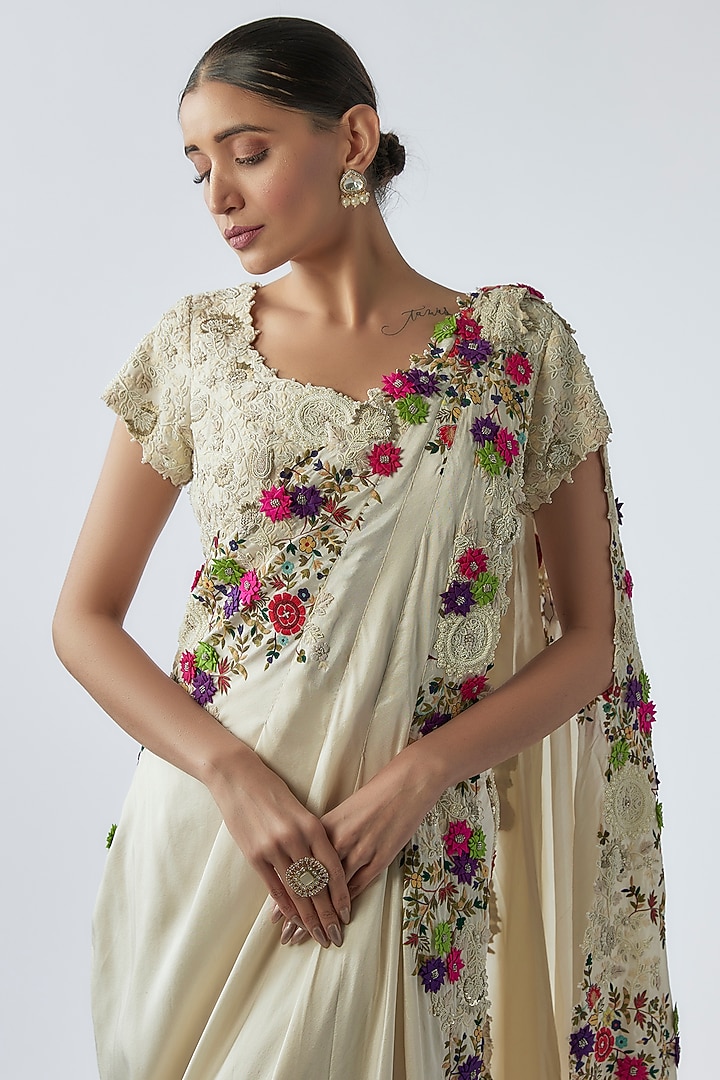Ivory Dupion Embroidered Draped Reception Saree Set by Minaxi Dadoo at Pernia's Pop Up Shop