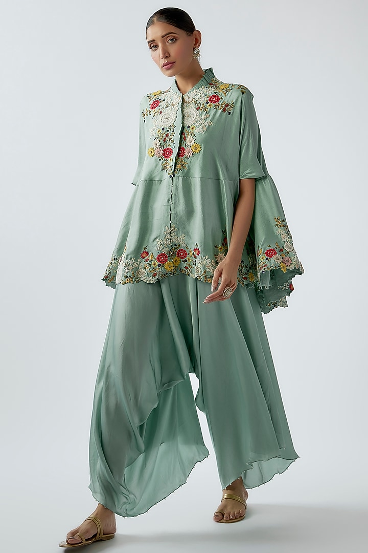 Powder Blue Dupion Embroidered Cape Set by Minaxi Dadoo at Pernia's Pop Up Shop
