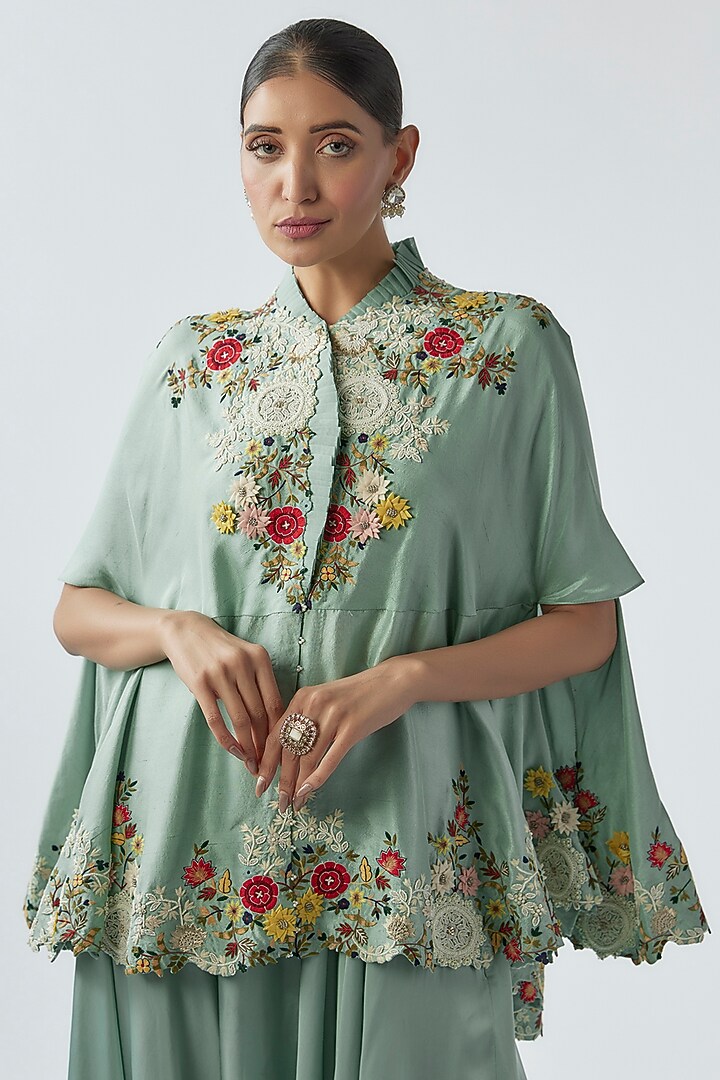 Powder Blue Dupion Embroidered Cape Set by Minaxi Dadoo at Pernia's Pop Up Shop
