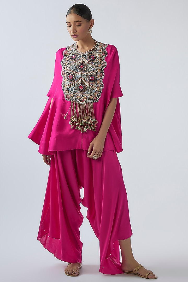 Rani Pink Dupion Embroidered Cape Set by Minaxi Dadoo at Pernia's Pop Up Shop