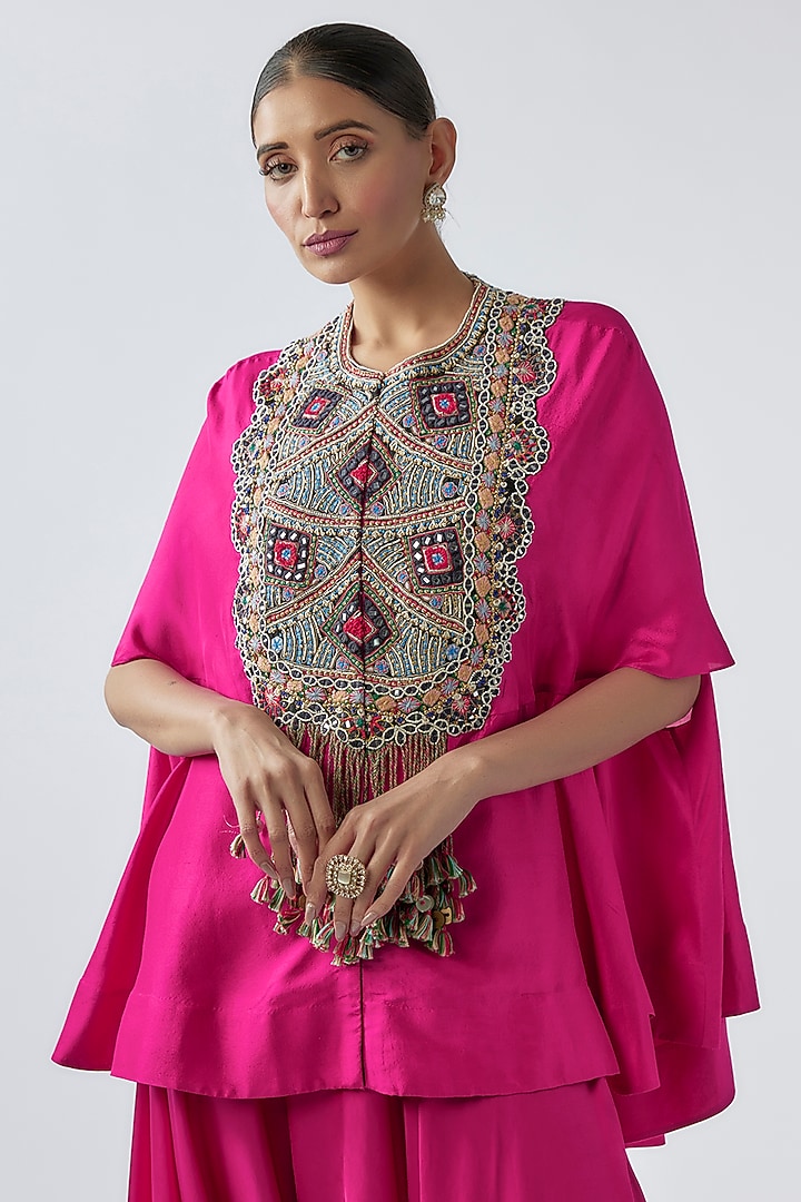 Rani Pink Dupion Embroidered Cape Set by Minaxi Dadoo at Pernia's Pop Up Shop