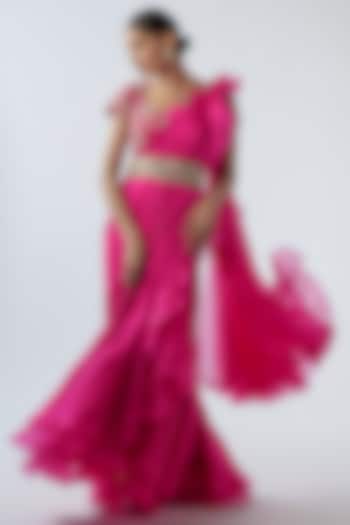 Rani Pink Dupion & Organza Draped Reception Saree Set by Minaxi Dadoo at Pernia's Pop Up Shop