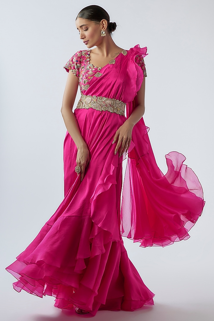 Rani Pink Dupion & Organza Draped Reception Saree Set by Minaxi Dadoo at Pernia's Pop Up Shop
