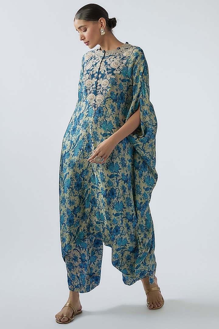 Blue Satin Printed Kaftan Set by Minaxi Dadoo at Pernia's Pop Up Shop