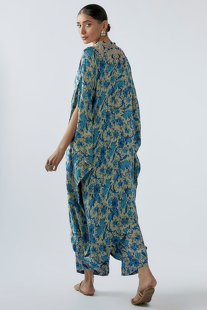 Blue Satin Printed Kaftan Set by Minaxi Dadoo at Pernia's Pop Up Shop