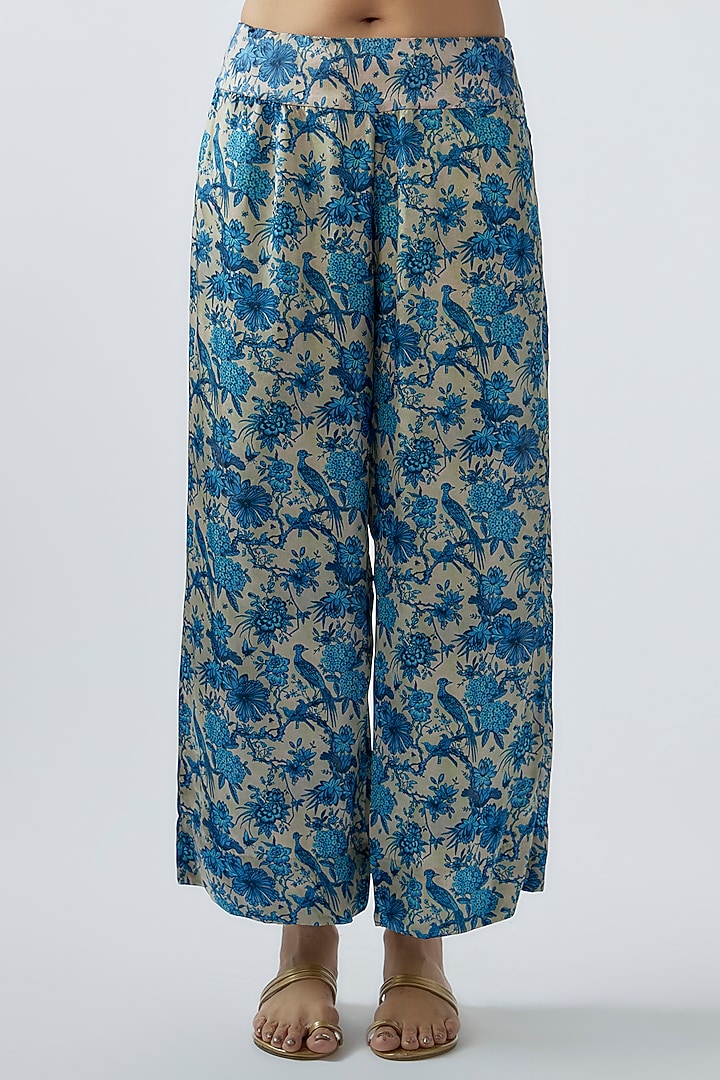 Blue Satin Printed Kaftan Set by Minaxi Dadoo at Pernia's Pop Up Shop