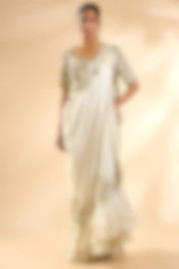 Ivory Silk Organza Draped Reception Saree Set by Minaxi Dadoo at Pernia's Pop Up Shop