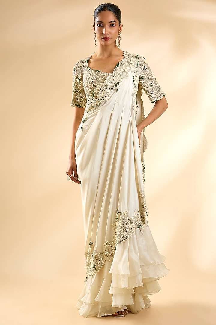 Ivory Silk Organza Draped Reception Saree Set by Minaxi Dadoo at Pernia's Pop Up Shop