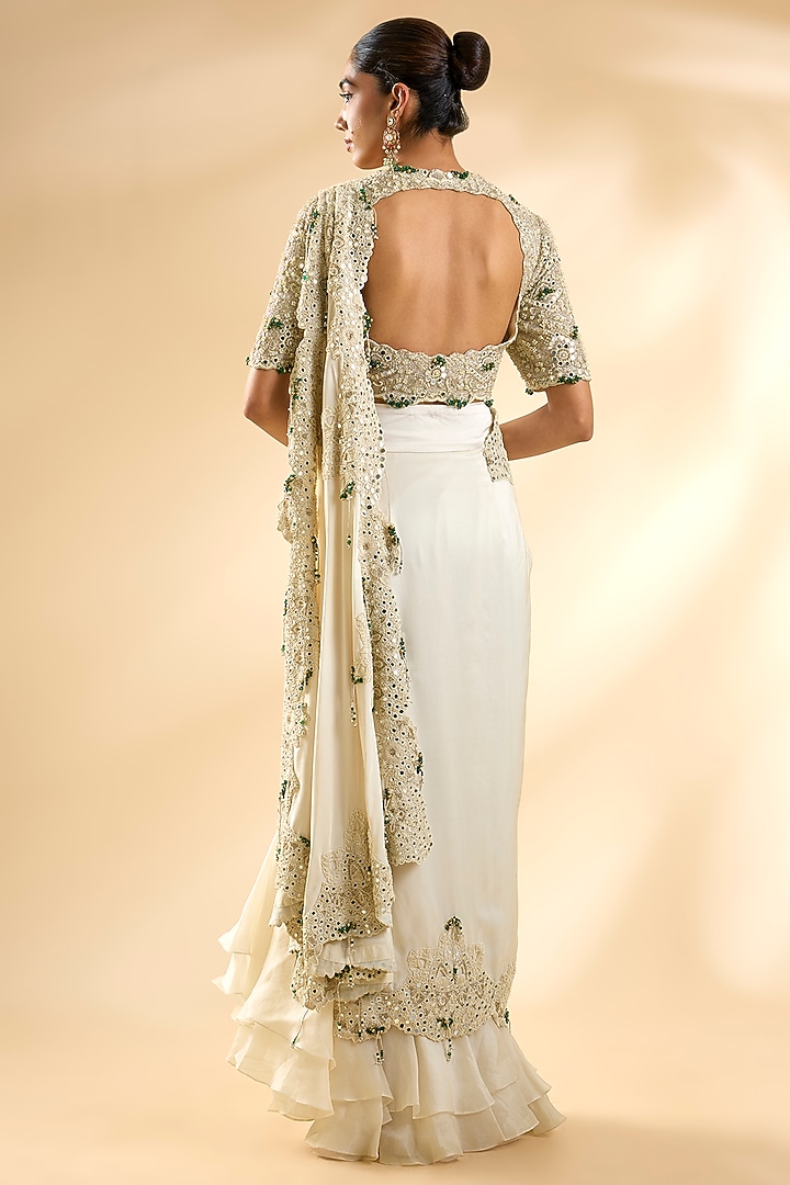 Ivory Silk Organza Draped Reception Saree Set by Minaxi Dadoo at Pernia's Pop Up Shop