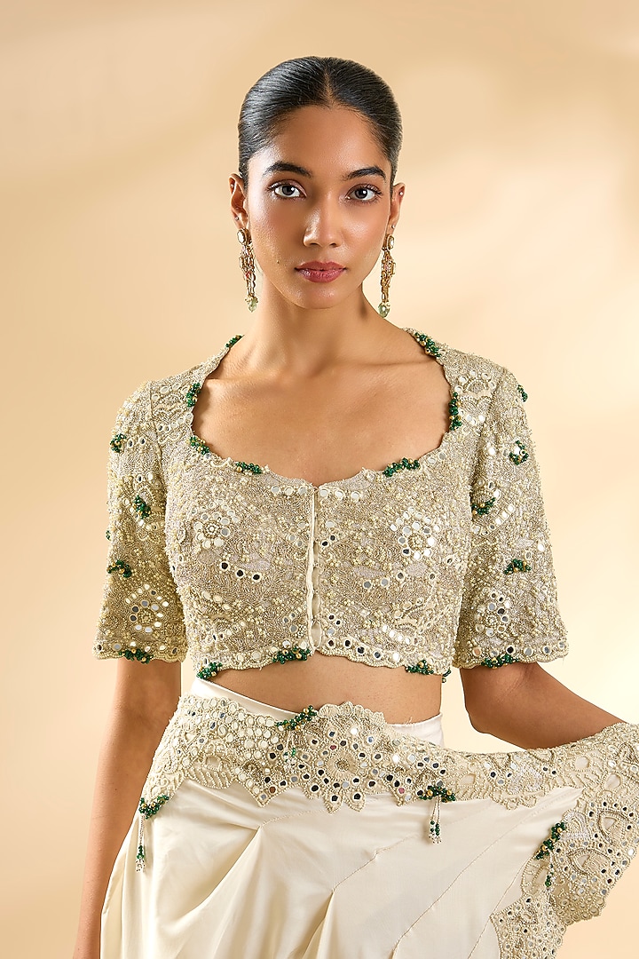 Ivory Silk Organza Draped Reception Saree Set by Minaxi Dadoo at Pernia's Pop Up Shop
