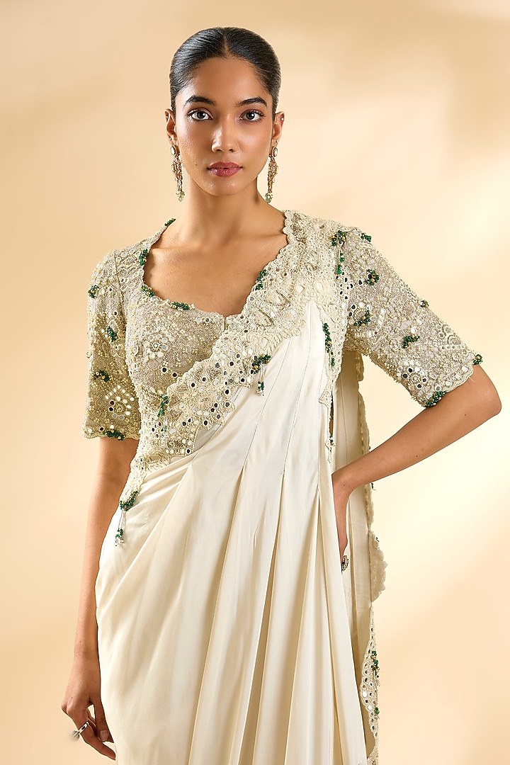 Ivory Silk Organza Draped Reception Saree Set by Minaxi Dadoo at Pernia's Pop Up Shop