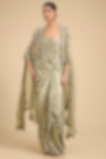 Olive Green Organza Mirror Work Cape Set by Minaxi Dadoo at Pernia's Pop Up Shop