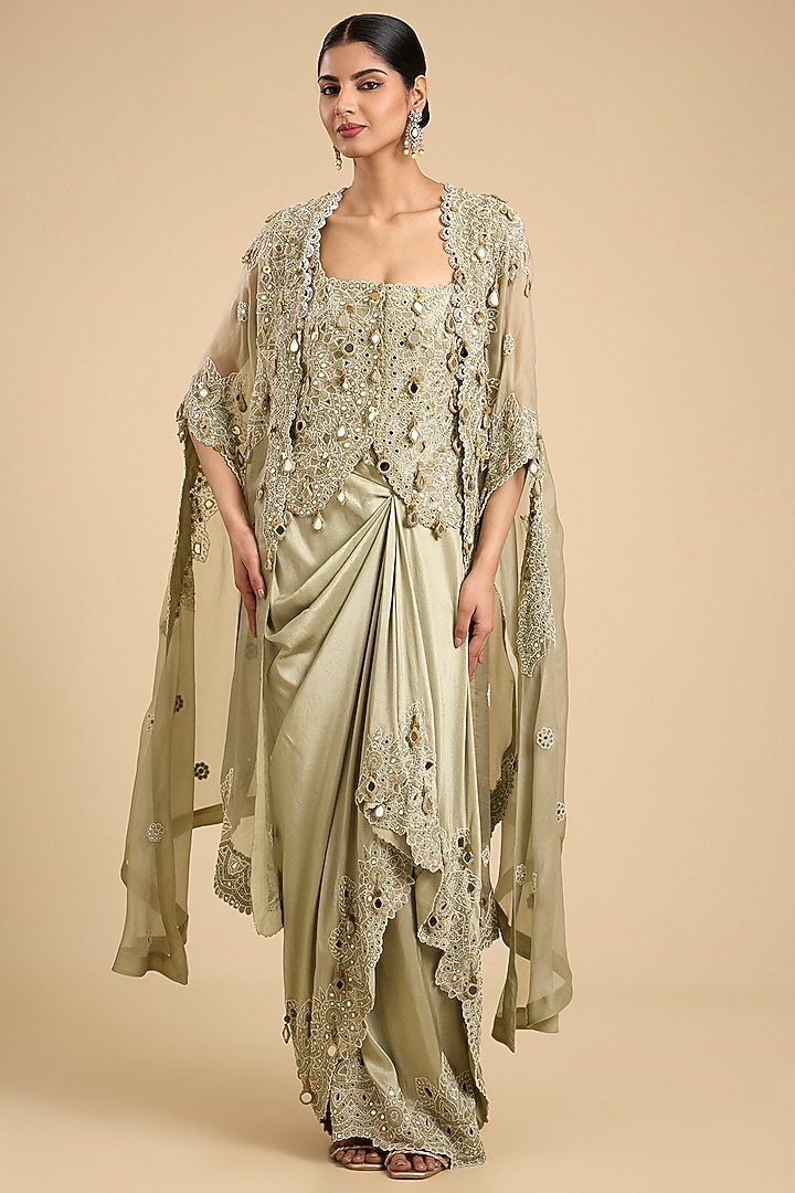 Olive Green Organza Mirror Work Cape Set by Minaxi Dadoo at Pernia's Pop Up Shop