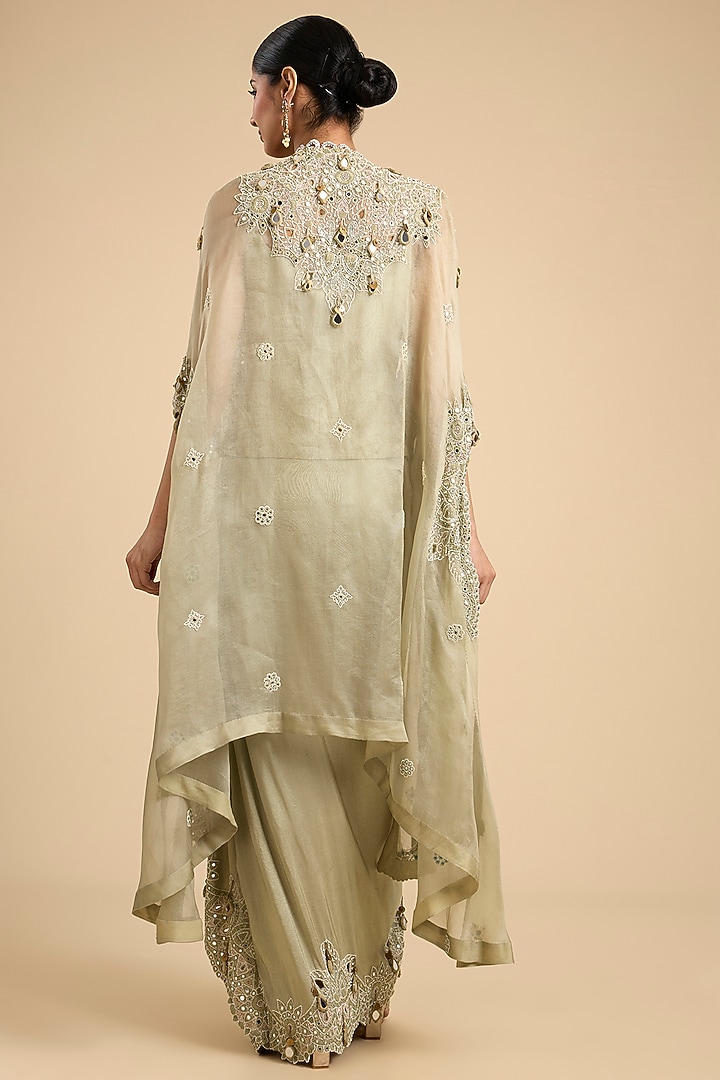 Olive Green Organza Mirror Work Cape Set by Minaxi Dadoo at Pernia's Pop Up Shop