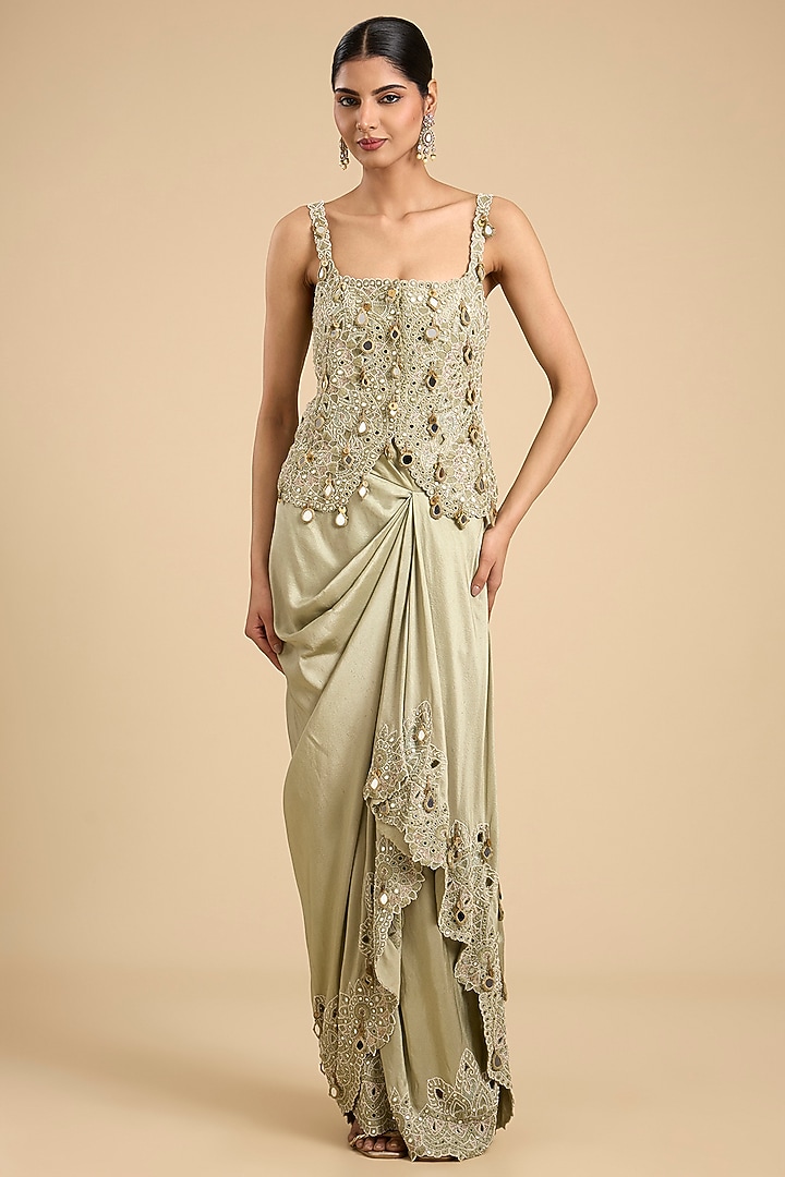 Olive Green Organza Mirror Work Cape Set by Minaxi Dadoo at Pernia's Pop Up Shop