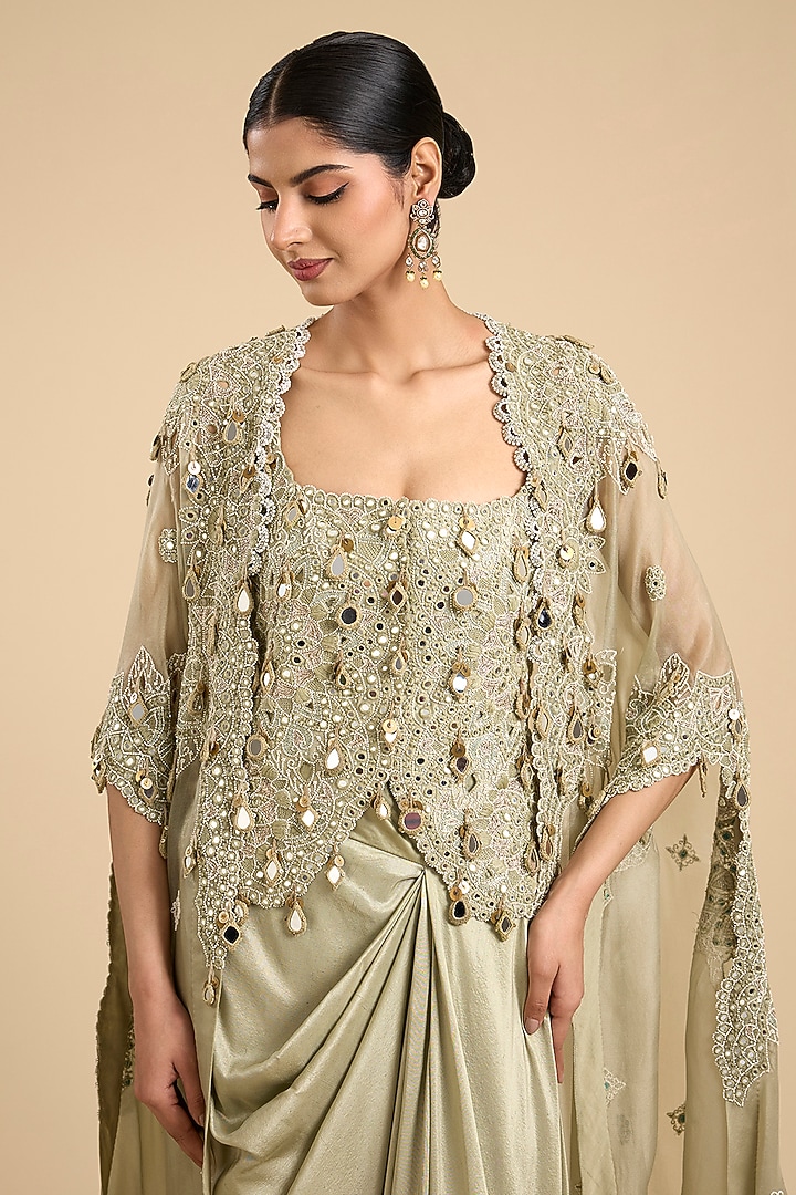 Olive Green Organza Mirror Work Cape Set by Minaxi Dadoo at Pernia's Pop Up Shop