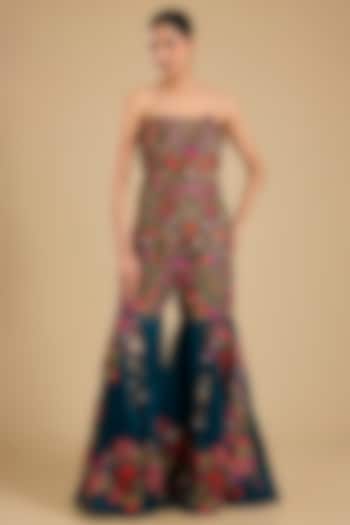 Peacock Blue Dupion Embroidered Gharara Set by Minaxi Dadoo at Pernia's Pop Up Shop