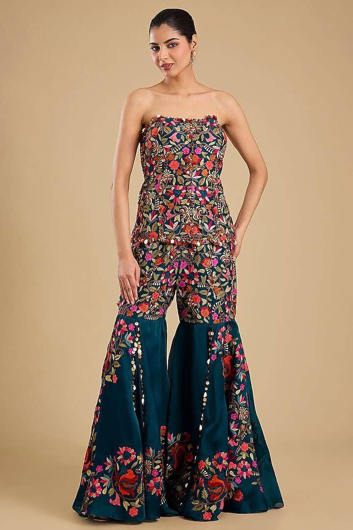 Peacock Blue Dupion Embroidered Gharara Set by Minaxi Dadoo at Pernia's Pop Up Shop