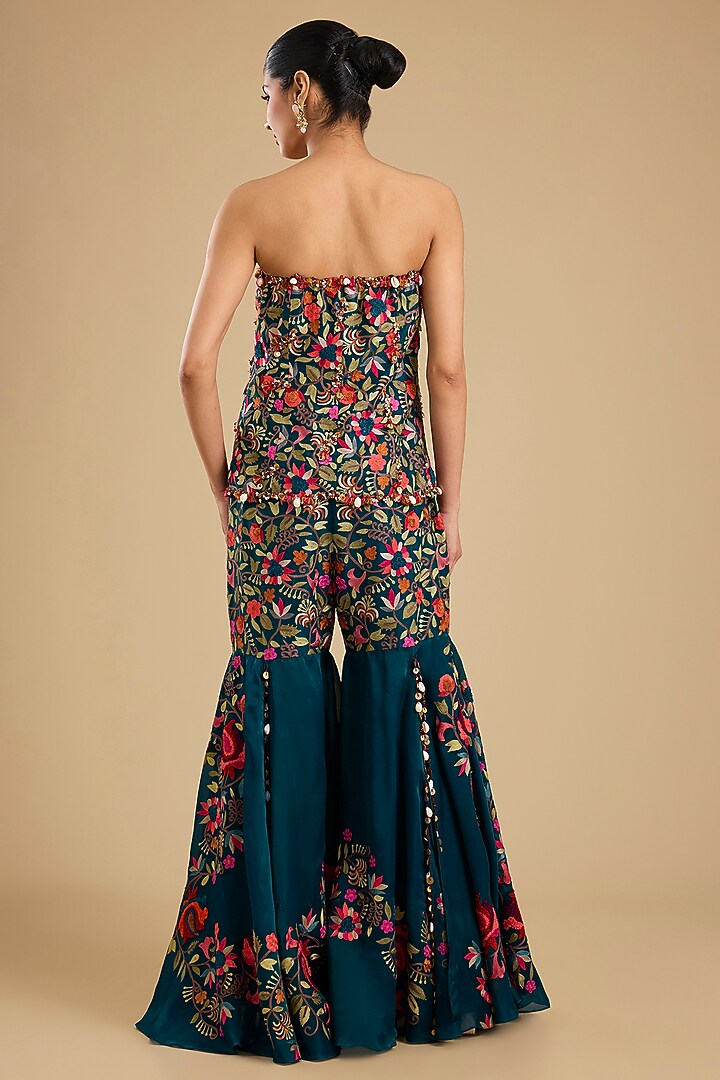 Peacock Blue Dupion Embroidered Gharara Set by Minaxi Dadoo at Pernia's Pop Up Shop
