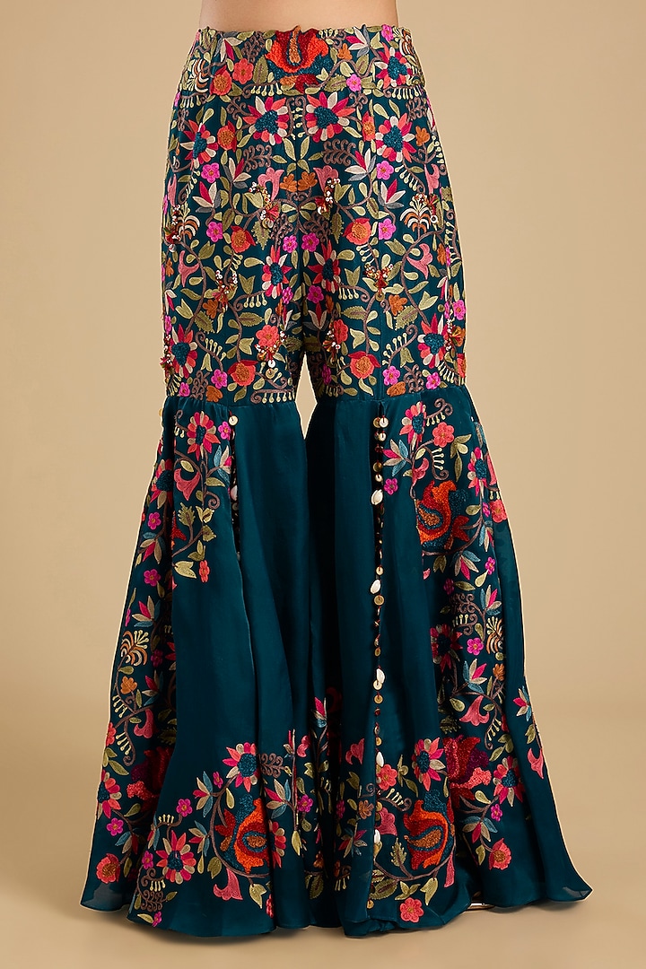 Peacock Blue Dupion Embroidered Gharara Set by Minaxi Dadoo at Pernia's Pop Up Shop