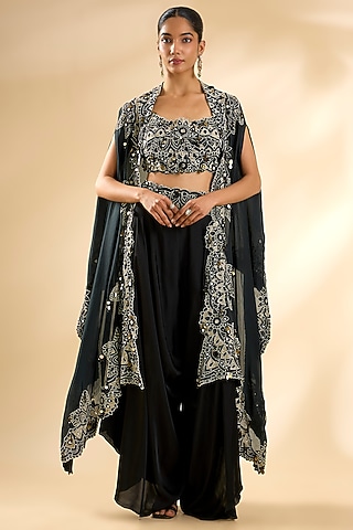 Black Satin Cape Set by Minaxi Dadoo