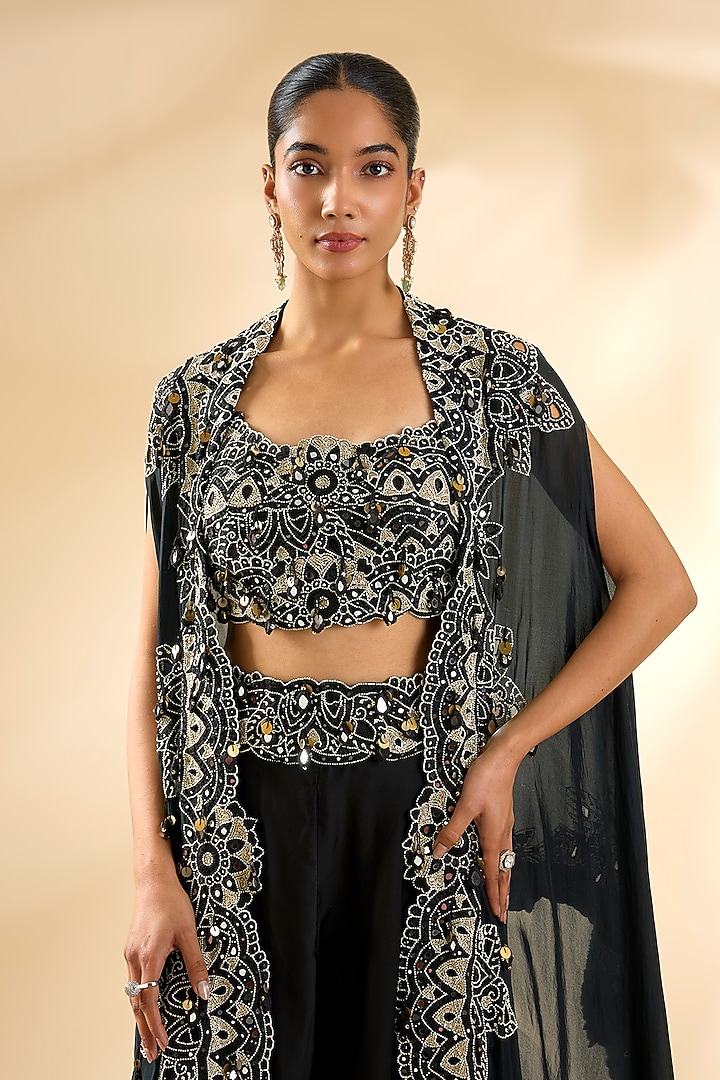 Black Satin Cape Set by Minaxi Dadoo at Pernia's Pop Up Shop