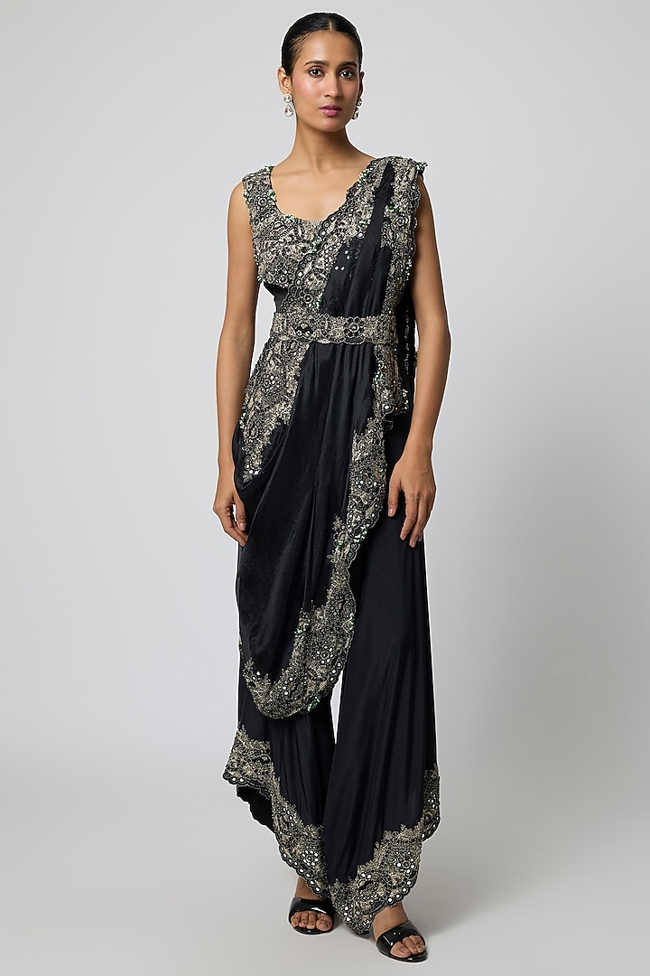Black Organza Draped Pant Set by Minaxi Dadoo at Pernia's Pop Up Shop