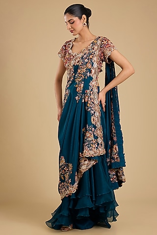 Peacock Blue Dupion Silk Embroidered Draped Saree Set by Minaxi Dadoo