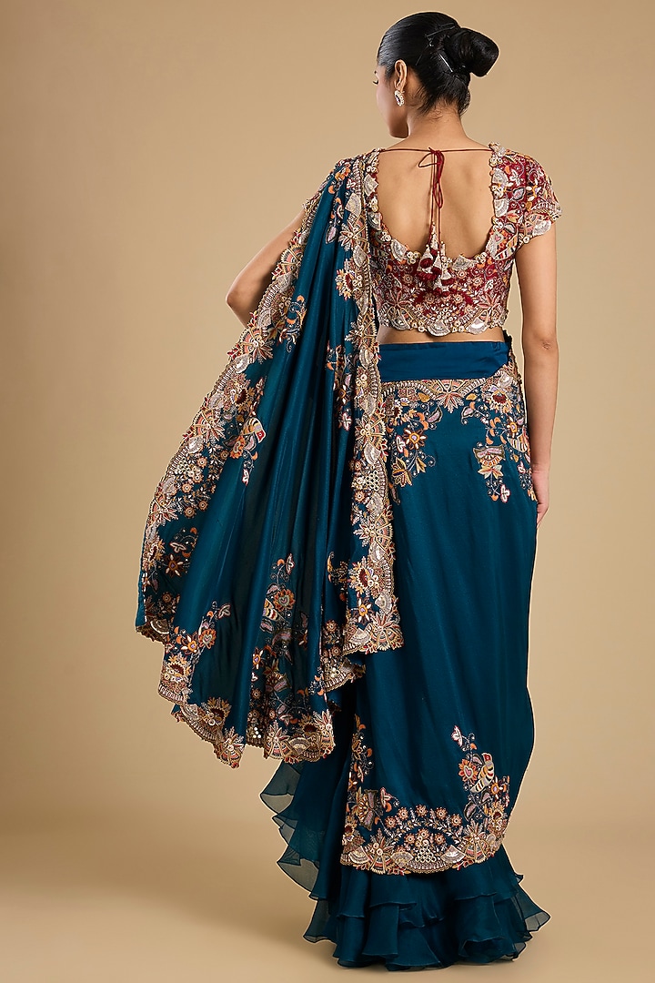 Peacock Blue Dupion Silk Embroidered Draped Bridal Saree Set by Minaxi Dadoo at Pernia's Pop Up Shop