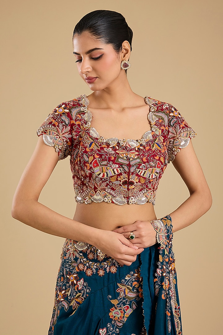 Peacock Blue Dupion Silk Embroidered Draped Bridal Saree Set by Minaxi Dadoo at Pernia's Pop Up Shop
